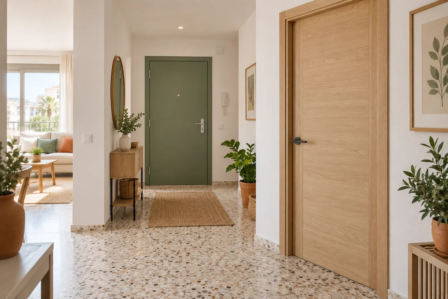 Pasillo renovado con puerta interior de roble y puerta de entrada verde