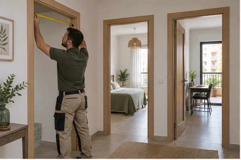 Instalador midiendo varias puertas interiores de una vivienda