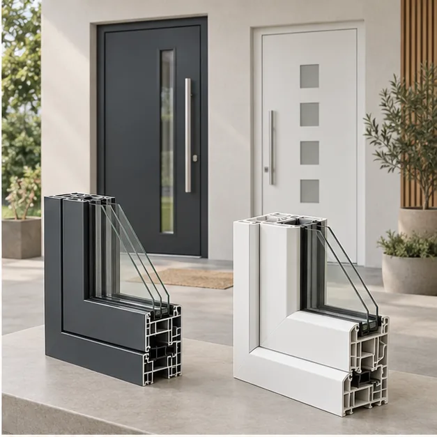 Secciones de perfiles de aluminio y PVC para puertas exteriores
