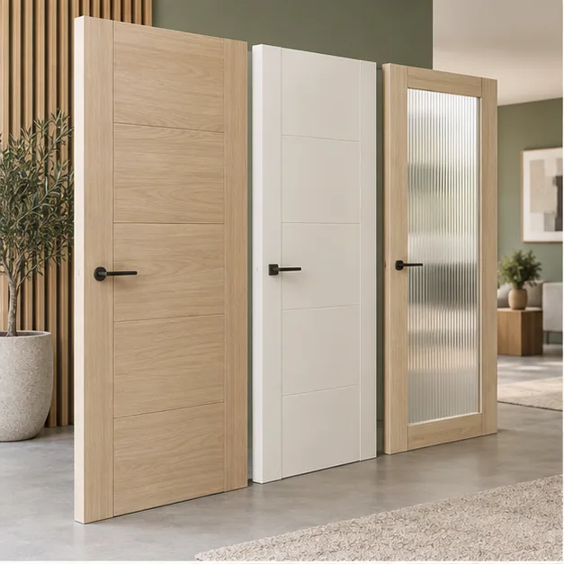 Muestras de puertas interiores en roble, blanco y vidrio