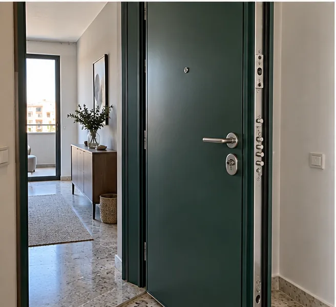 Puerta blindada verde con cierre multipunto visible